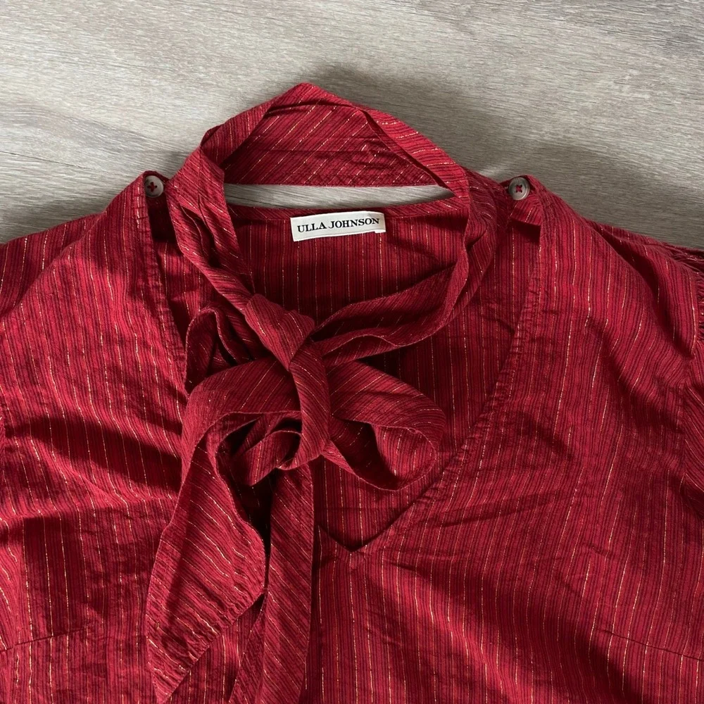 Ulla Johnson Julie Blouse Size 6 Red Gold Tie Neck Puff Sleeve‎ Metallic Stripe